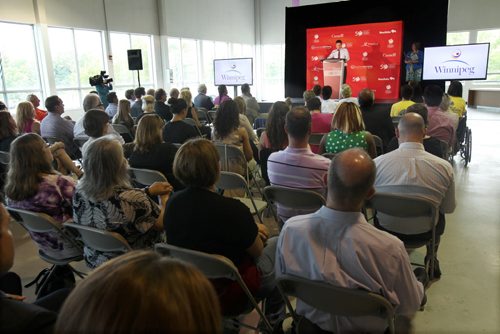 Mayor Brian Bowman speaks at a ceremony at the Pan Am Pool today marking two years until the start of the 2017 Canada games that will be held in Winnipeg See Melissa Martin story- July 28, 2015   (JOE BRYKSA / WINNIPEG FREE PRESS)