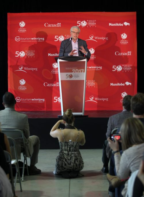 Premier Greg Selinger speaks at a ceremony at the Pan Am Pool today marking two years until the start of the 2017 Canada games that will be held in Winnipeg See Melissa Martin story- July 28, 2015   (JOE BRYKSA / WINNIPEG FREE PRESS)