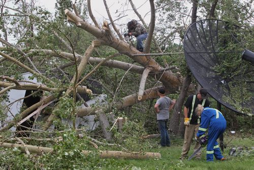 Bob Raynor cuts up a massive tree one of dozens that were torn up from a tornado that went through his fathers property Monday night near Tilston, MB.  150728 July 28, 2015 MIKE DEAL / WINNIPEG FREE PRESS