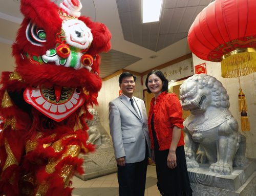 Kwok Ngan, Downtown Winnipeg BIZ, Placemaking Committee Vice-Chair with Tina Chen with the Winnipeg Chinese Cultural & Community Centre took part in an announcement Wednesday to highlight additional components for the upcoming 7th annual Chinatown Street Festival that begins Friday August 28-Sunday August 30.  The streets of Winnipeg's Chinatown will include lion dances, an outdoor art gallery, Chinese Kung Fu and children's activities and new to this year a night market, a outdoor movie screening at sundown and custom made bike racks for cyclists.  Wayne Glowacki / Winnipeg Free Press July 29 2015 ¤
