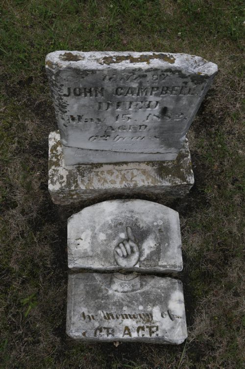 The broken grave marker for John Campbell who died in 1882 and his wife Grace in the Riverside Cemetery in Neepawa,Mb. Bill Redekop story. Wayne Glowacki / Winnipeg Free Press July 28 2015