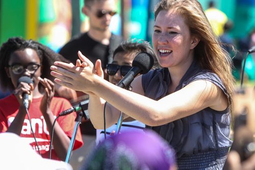 Singer Micaylee Rodyniuk, 20, with the Jazz on Wheels band performs for kids at the Sinclair Park Community Centre Thursday afternoon. Jazz on Wheels is a mobile jazz presentation conceived and directed by Steve Kirby from the University of Manitoba and produced by Jazz Winnipeg. 150730 - Thursday, July 30, 2015 -  MIKE DEAL / WINNIPEG FREE PRESS