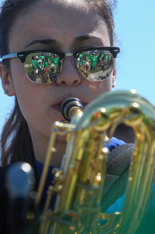 Jen Simone, 18, works the baritone sax with the Jazz on Wheels band as it performs for kids at the Sinclair Park Community Centre Thursday afternoon. Jazz on Wheels is a mobile jazz presentation conceived and directed by Steve Kirby from the University of Manitoba and produced by Jazz Winnipeg. 150730 - Thursday, July 30, 2015 -  MIKE DEAL / WINNIPEG FREE PRESS
