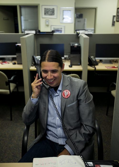 Winnipeg Centre Liberal candidate Robert-Falcon Ouellette is already working the phones with volunteers in anticipation of an election inside the Broadway Liberal office Thursday afternoon.  July 30, 2015 - MELISSA TAIT / WINNIPEG FREE PRESS