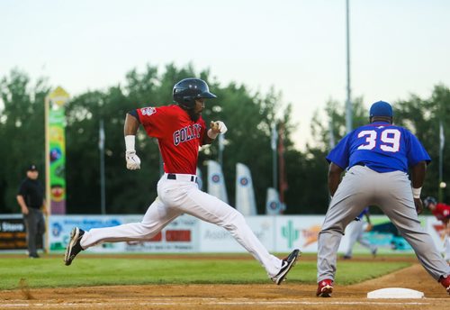 Winnipeg Goldeye Casio Grider just barely makes it to second base in a game versus the Amarillo Thundercats at Shaw Park in Winnipeg on Friday, July 31, 2015.  Mikaela MacKenzie / Winnipeg Free Press