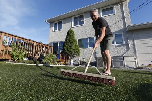 August 3, 2015 - 150803  -  Luc  Turenne uses a broom to "fluff up" his artificially grassed backyard Monday, August 3, 2015. Luc and Jackie Turenne have installed artificial grass to replace the natural stuff in their backyard. The natural grass was constantly worn away by their two dogs and the alternative is much more comfortable for Jackie's day care children.   John Woods / Winnipeg Free Press