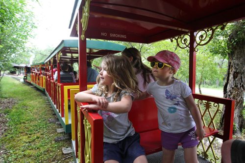 Six-year-old Lexi Peever and her little sister Ashlyn, 4 years, spot a deer and her fawn in the forest while riding the Steam Train at the Assiniboine Park Tuesday with family.  The coal burning steam train, built in 1964, has been operating in the park for 51 years this summer.    Standup photo Aug 04,, 2015 Ruth Bonneville / Winnipeg Free Press