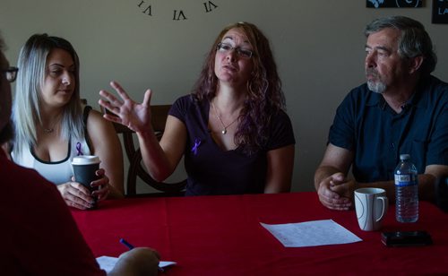 Thelma Krull's daughter, Lisa Besser (centre), along with her dad, Bob Krull (right), and family friend, Connie Muscat (left) sat down for an interview with Winnipeg Free Press reporter Mike McIntyre. Thelma has been missing for almost four weeks. 150805 - Wednesday, August 05, 2015 -  MIKE DEAL / WINNIPEG FREE PRESS