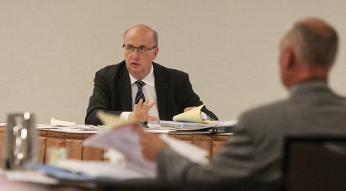 The inquiry officer, George Ulyatt, during the transit expropriation inquiry Thursday.  150806 August 06, 2015 MIKE DEAL / WINNIPEG FREE PRESS