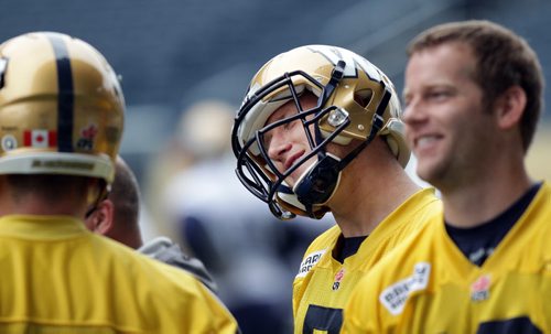 Winnipeg Blue Bomber #5 Drew WIlly gets some perspective at the team workout Friday. See Paul Wiecek's story. August 7, 2015 - (Phil Hossack / Winnipeg Free Press)