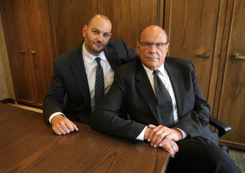 Saturday special, profiling the unique number of father-son lawyer combos now in city. Weinstein (Hymie and his son Josh), Portrait  taken in their office on Graham Ave.  for piece  running Saturday.  See Mike McIntyre story.  Aug 6, 2015 Ruth Bonneville / Winnipeg Free Press