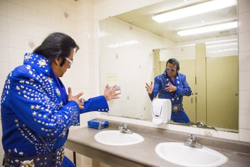 Gerry "The Big Bear" Barrett, the only aboriginal Elvis at the show, strikes a pose in his jumpsuit at the Elvis Festival in Gimli on Saturday, Aug. 8, 2015.    Mikaela MacKenzie / Winnipeg Free Press