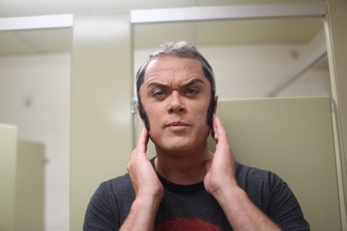 Elvis impersonator Corny Rempel transforms from his regular self to his stage persona through makeup, a wig, and classic outfits at a show at the Elvis Festival in Gimli on Sunday, Aug. 9, 2015. Mikaela MacKenzie / Winnipeg Free Press