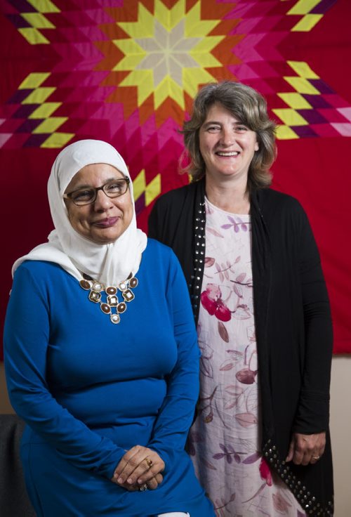 Shahina Siddiqui and Irene McConachy of the Islamic Social Services Association support voting in Winnipeg on Tuesday, Aug. 11, 2015.   Mikaela MacKenzie / Winnipeg Free Press