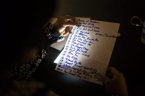 Elvis impersonator Corny Rempel puts his set list together before his show at the Elvis Festival in Gimli on Sunday, Aug. 9, 2015.   Mikaela MacKenzie / Winnipeg Free Press