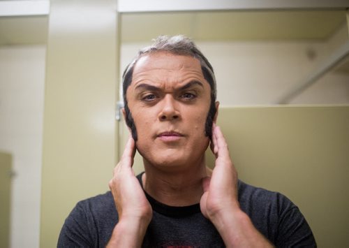 Elvis impersonator Corny Rempel transforms from his regular self to his stage persona through makeup, a wig, and classic outfits at a show at the Elvis Festival in Gimli on Sunday, Aug. 9, 2015. Mikaela MacKenzie / Winnipeg Free Press
