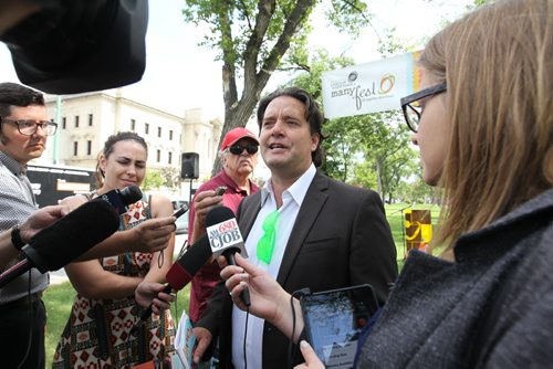Downtown Winnipeg Biz Director Stefano Grande talks to the media Tuesday at the end of a presser announcing the lineup of activities for this year's 5th annual ManyFest taking place Sept 11-13.     Aug 11, 2015 Ruth Bonneville / Winnipeg Free Press