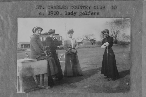 Manitoba Archives St. Charles Country Club c. 1910, Lady Golfers 1st tee: Miss Wilson, Mrs, Leslie, Mrs. Dennistoun, Mrs. Irene Bridges fparchives