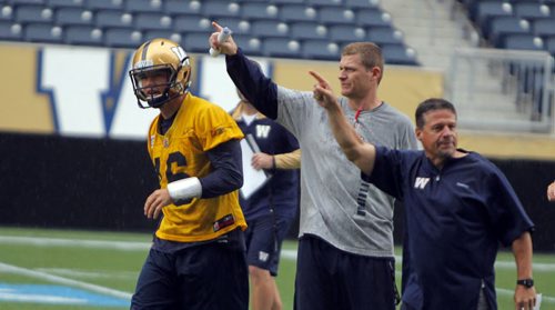 Blue Bombers coach Mike O'Shea, middle in grey, calls the team off the field because of bad weather and potential lightning strikes. #16 QB Robert Marve, left. BORIS MINKEVICH / WINNIPEG FREE PRESS PHOTO August 12, 2015