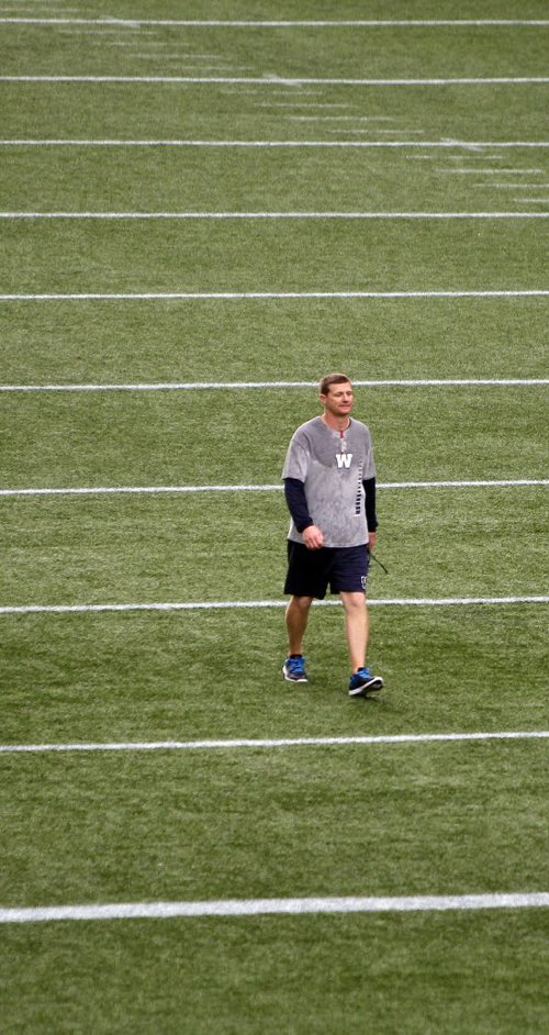 Blue Bombers coach Mike O'Shea walks off the field after he called the team off the field because of bad weather and potential lightning strikes. BORIS MINKEVICH / WINNIPEG FREE PRESS PHOTO August 12, 2015
