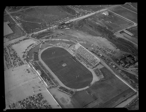 New Winnipeg Stadium from the air. Winnipeg Free Press Aerial, Blue Bombers, Polo Park Race Track August 14, 1953 fparchives