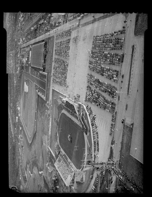 New Winnipeg Stadium from the air. Winnipeg Free Press Aerial, Blue Bombers, Polo Park Race Track August 14, 1953 fparchives