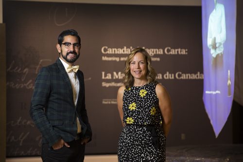 Armando Perla (left), curator, and Helen Delacretaz, exhibitions manager, at the new Magna Carta exhibit at the Canadian Museum of Human Rights in Winnipeg on Thursday, Aug. 13, 2015. Mikaela MacKenzie / Winnipeg Free Press