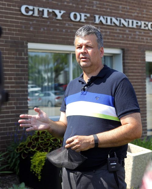 Ken Nawolsky, City of Winnipeg superintendent of insect control, does an update on testing results on DeltaGard, a new organic treatment to replace malathion. Photo taken at Public works yard, 1539 Waverley. He holds a test cage that weill be used in the trials of the product as early as next week. BORIS MINKEVICH / WINNIPEG FREE PRESS PHOTO August 13, 2015