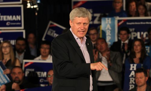 Prime Minister STEPHEN HARPER at a party rally held in Winnipeg Thursday afternoon. About 200 party faithful packed a small room at a local hotel. There were no public attndees. See story. August 13,2015 - (Phil Hossack / Winnipeg Free Press)