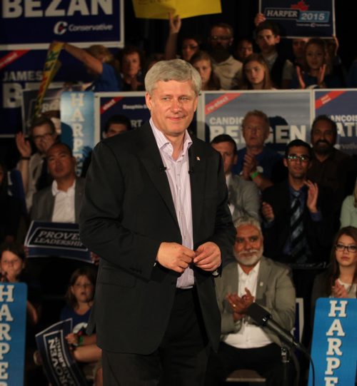Prime Minister STEPHEN HARPER at a party rally held in Winnipeg Thursday afternoon. About 200 party faithful packed a small room at a local hotel. There were no public attndees. See story. August 13,2015 - (Phil Hossack / Winnipeg Free Press)
