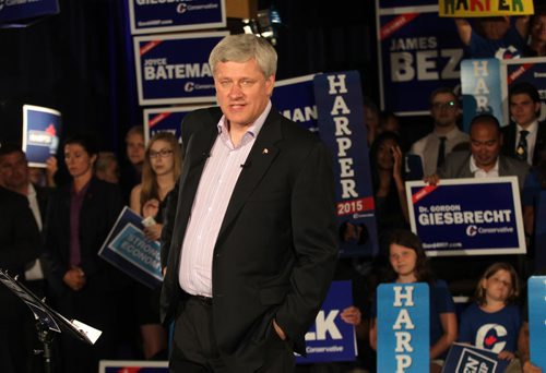 Prime Minister STEPHEN HARPER at a party rally held in Winnipeg Thursday afternoon. About 200 party faithful packed a small room at a local hotel. There were no public attndees. See story. August 13,2015 - (Phil Hossack / Winnipeg Free Press)