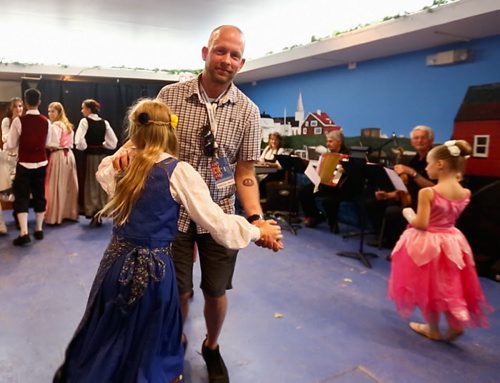 Ben Macphee-Sigurdson dances with Lyneah at the Scandinavian Pavilion the fifth and final stop of his Folklorama drinks tour. AKA Ben's Global Bender. August 13, 2015 - Melissa Tait / Winnipeg Free Press