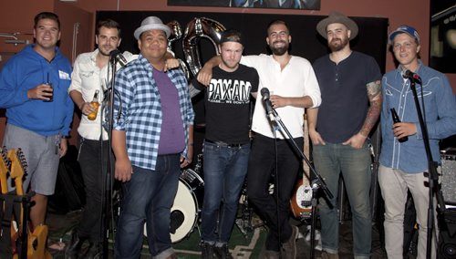 A surprise 50th birthday party for POP Sports & Entertainments Dave Sherman was held Aug. 7, 2015 at Le Garage Café. Live entertainment was provided by Those Guys: Michael Engstrom (from left), Kyle Meyer, Bernie Pastorin, Jay Mymryk, Ryan McConnell, Jesse Meyer and Jason Robert Stanley. (JOHN JOHNSTON / WINNIPEG FREE PRESS)