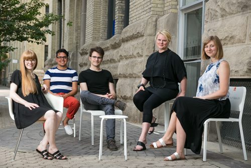 Kelsey McMahon, Pablo Batista, Brandon Bergem, Johanna Hurme, and Caroline Inglis, of 5468796 Architecture, pose with a number of white chairs to promote their initiative Chair Your Idea. The crowd funding campaign will allow local businesses (as of August 27) to compete by submitting creative initiatives and one white chair to host at their business. The intention is to create a discussion and new ideas around  urban design in Winnipeg. More info www.chairyouridea.ca  August 14, 2015 - Melissa Tait / Winnipeg Free Press