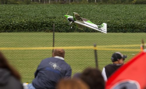 A model plane comes in for a landing at the Gimli Model Airplane Festival today. 150816 - Sunday, August 16, 2015 -  MIKE DEAL / WINNIPEG FREE PRESS