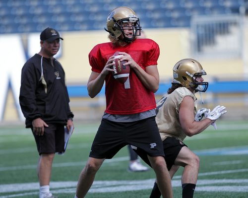 U of M QB #1Theo Deezar on the IGF Monday. See story.  August 17, 2015 - (Phil Hossack / Winnipeg Free Press)