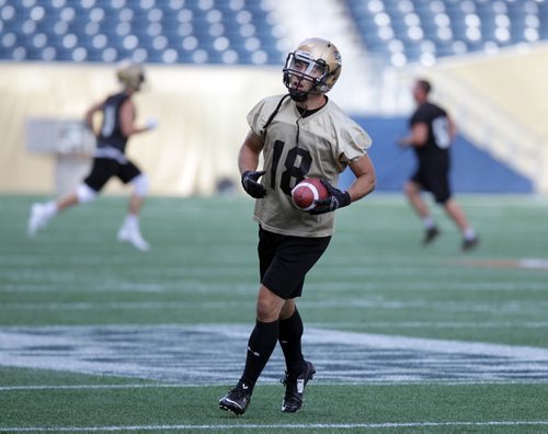 U of M slot back #18  Alex Vitt retrieves the ball on the IGF Monday. See story.  August 17, 2015 - (Phil Hossack / Winnipeg Free Press)