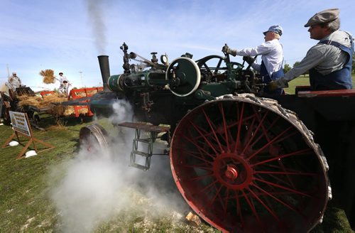 Bruce Eberling was at the controls of a 1916 steam traction engine along with Colin Farquhar to power vintage harvesting equipment Tuesday at the news conference to announce on July 31, 2016 Harvesting Hope: a World Record to Help the Hungary will take place in Austin, Mb. This world's largest pioneer harvest event in conjunction with the Manitoba Threshermen's Reunion and Stampede will include over 500 volunteers from across Canada operating vintage threshing machines from the early 20th century to harvest a crop of wheat. "Proceeds from the event will support the efforts of the Canadian Foodgrains Bank to help end global hunger and the Manitoba Agricultural Museum's work to preserve Manitoba's rural heritage."   see release.  Wayne Glowacki / Winnipeg Free Press August 18 2015