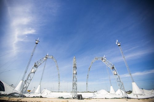 The three arches and two masts stand, ready for the canvas to be winched up, at the Cavalia big top in Winnipeg on Tuesday, Aug. 18, 2015.   Mikaela MacKenzie / Winnipeg Free Press