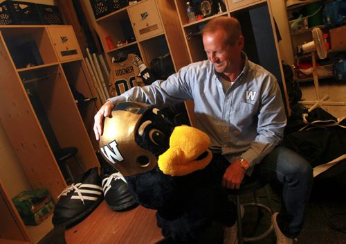 James Deighton is the subject of this weeks In Conversation. Deighton is the man behind the mask of Boomer, the Bombers mascot. Hes been entertaining fans as Boomer since 1988, and says he wont stop until he physically cant put on that costume anymore. See Aiden Geary story. August 19, 2015 - (Phil Hossack / Winnipeg Free Press)