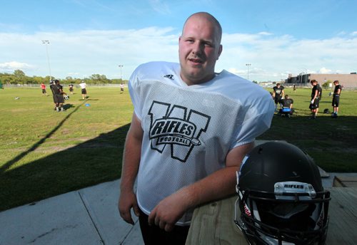 Mason Dick an offensive lineman with the Winnipeg Rifles is back after a season off with a torn ACL, See Scott Billeck's story. August 19, 2015 - (Phil Hossack / Winnipeg Free Press)