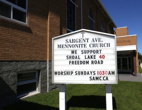 The sign by the Sargent Avenue Mennonite Church in Winnipeg.  Re: faith groups of all stripes working on Freedom Road campaign, and churches are putting their support on their signs.   Story by    Wayne Glowacki / Winnipeg Free Press August 20 2015