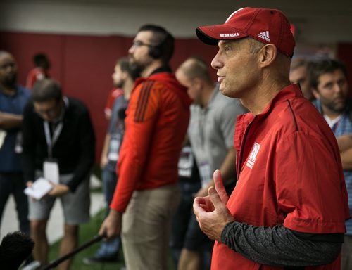 There is intense scrutiny on Riley in one of the nation's largest college football fishbowls. Dozens of media cameras record Coach Riley at a training camp practice in mid-August. Former Blue Bombers head coach, and two-time Grey Cup winner, Mike Riley now coaching the University of Nebraska Cornhuskers in Lincoln, Nebraska.  August 18, 2015 - Melissa Tait / Winnipeg Free Press