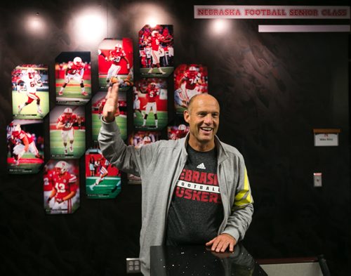 Mike Riley in his plush office in the Osborne Athletic Complex attached to Memorial Stadium. As head coach of the Huskers Riley is deep into training camp with the college players - working from early morning to 10:00pm at night. Former Blue Bombers head coach, and two-time Grey Cup winner, Mike Riley now coaching the University of Nebraska Cornhuskers in Lincoln, Nebraska.  August 18, 2015 - Melissa Tait / Winnipeg Free Press