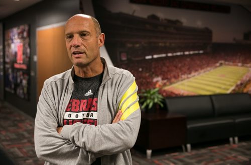 Mike Riley in his plush office in the Osborne Athletic Complex attached to Memorial Stadium. As head coach of the Huskers Riley is deep into training camp with the college players - working from early morning to 10:00pm at night. Former Blue Bombers head coach, and two-time Grey Cup winner, Mike Riley now coaching the University of Nebraska Cornhuskers in Lincoln, Nebraska.  August 18, 2015 - Melissa Tait / Winnipeg Free Press
