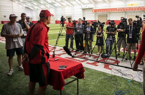 There is intense scrutiny on Riley in one of the nation's largest college football fishbowls. Dozens of media cameras record Coach Riley at a training camp practice in mid-August. Former Blue Bombers head coach, and two-time Grey Cup winner, Mike Riley now coaching the University of Nebraska Cornhuskers in Lincoln, Nebraska.  August 18, 2015 - Melissa Tait / Winnipeg Free Press