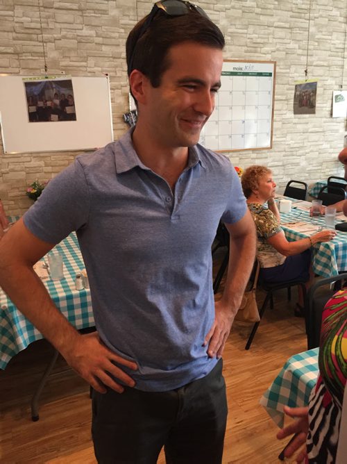 NDP MP Matthew Dube (e needs an accent) campaigns at a charity dining hall in Chambly, Que. It is his second election but first time campaigning for himself. August 15, 2015. MIA RABSON / WINNIPEG FREE PRESS