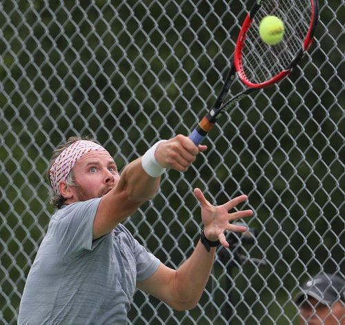 Stephen Dubienski, defeating Cole Lacap in the Manitoba Open at the Kildonan Tennis Club, Friday, August 21, 2015. (TREVOR HAGAN/WINNIPEG FREE PRESS)