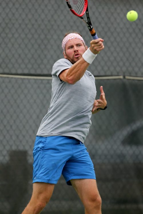 Stephen Dubienski, defeating Cole Lacap in the Manitoba Open at the Kildonan Tennis Club, Friday, August 21, 2015. (TREVOR HAGAN/WINNIPEG FREE PRESS)