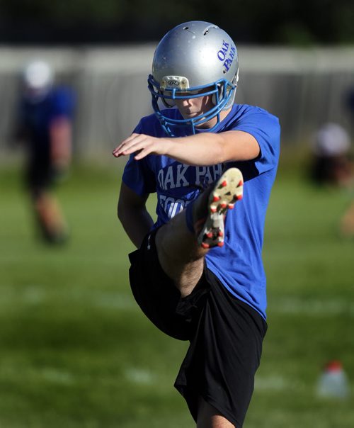 Niko Di Fonte, Oak Park Raiders punter does his thing at a team workout Monday. See Melissa Martin story.   August 24, 2015 - (Phil Hossack / Winnipeg Free Press)